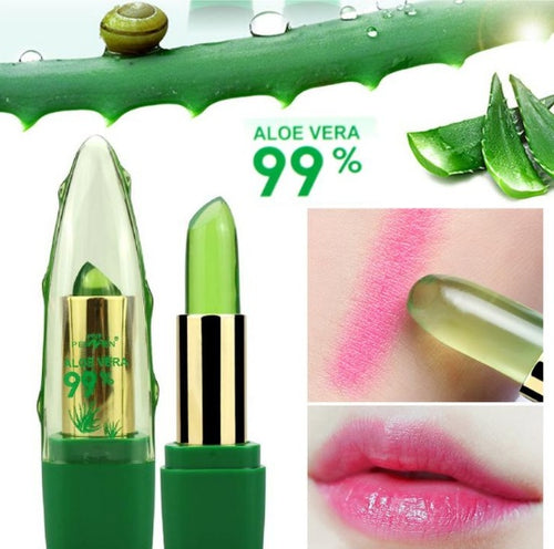 Color-changing lip gloss lipstick in green tube with clear cap and gold base; applicator tip.