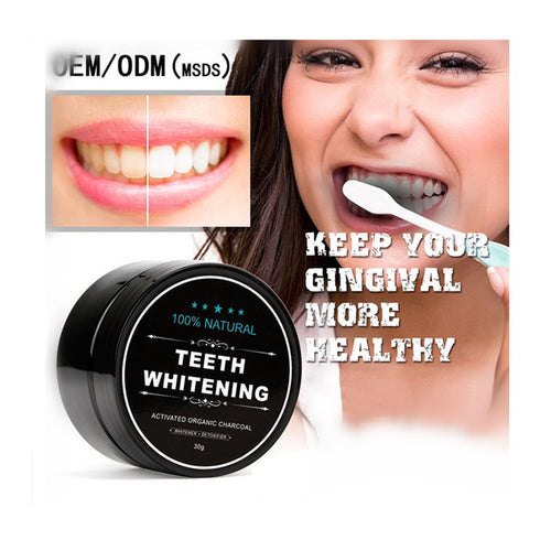 Activated charcoal teeth whitening powder jar with label and white toothbrush