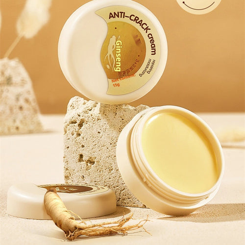 Anti-crack skin repair cream jar with open lid and pale yellow balm