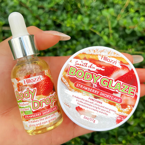 Body Glaze body oil and scrub cream set, strawberry shortcake in bottle and jar