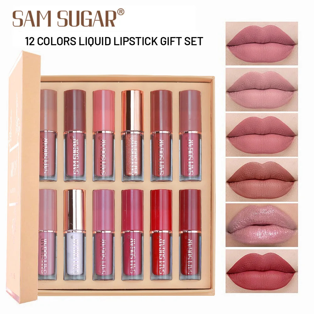 SAM SUGAR 12 Color Book Liquid Lip Gloss Set Bead Matte Velvet Moisturizing