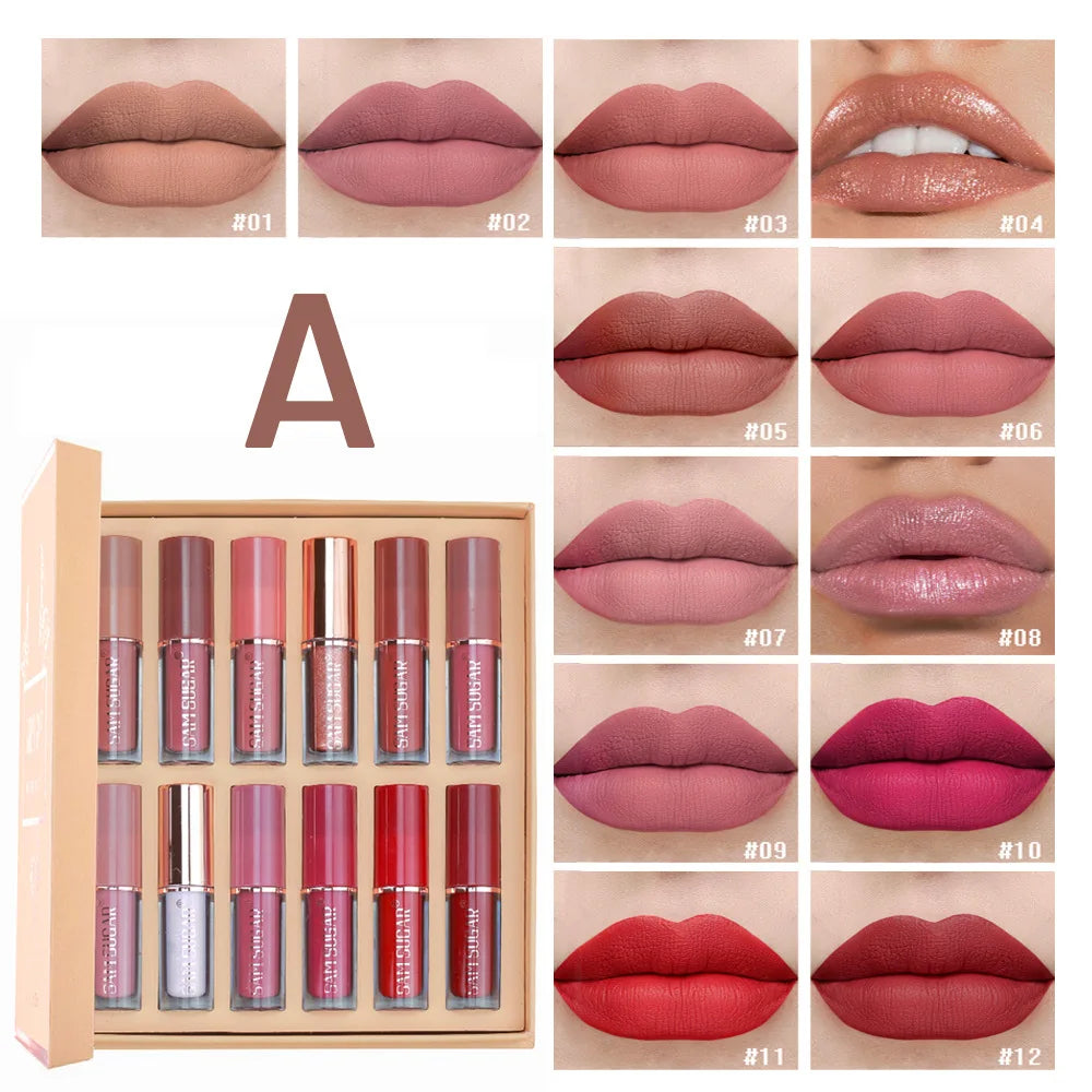SAM SUGAR 12 Color Book Liquid Lip Gloss Set Bead Matte Velvet Moisturizing