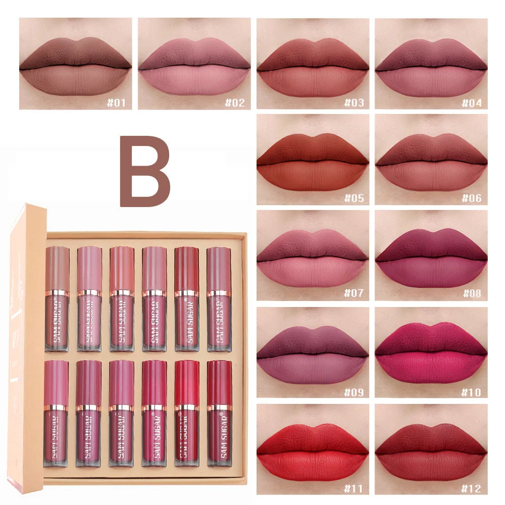 SAM SUGAR 12 Color Book Liquid Lip Gloss Set Bead Matte Velvet Moisturizing