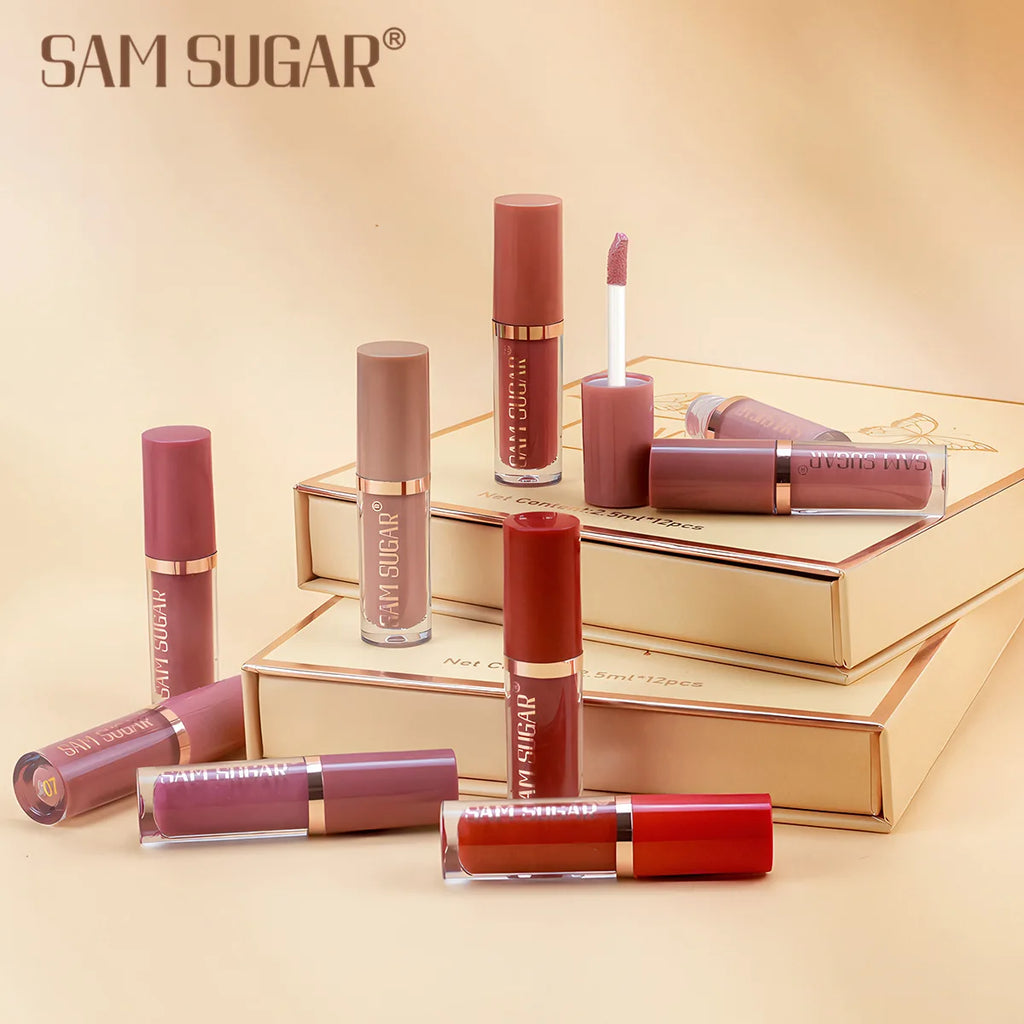 SAM SUGAR 12 Color Book Liquid Lip Gloss Set Bead Matte Velvet Moisturizing