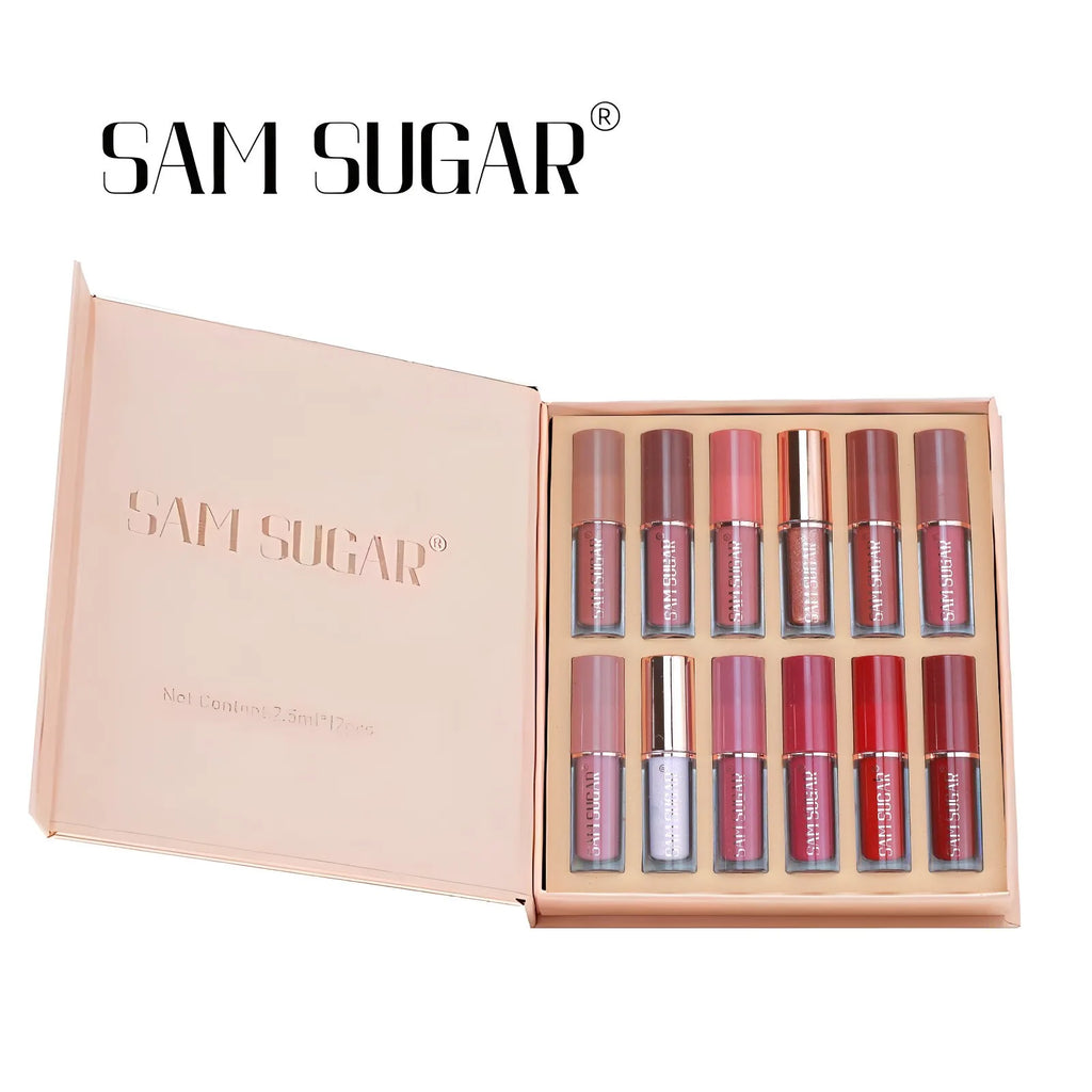 SAM SUGAR 12 Color Book Liquid Lip Gloss Set Bead Matte Velvet Moisturizing