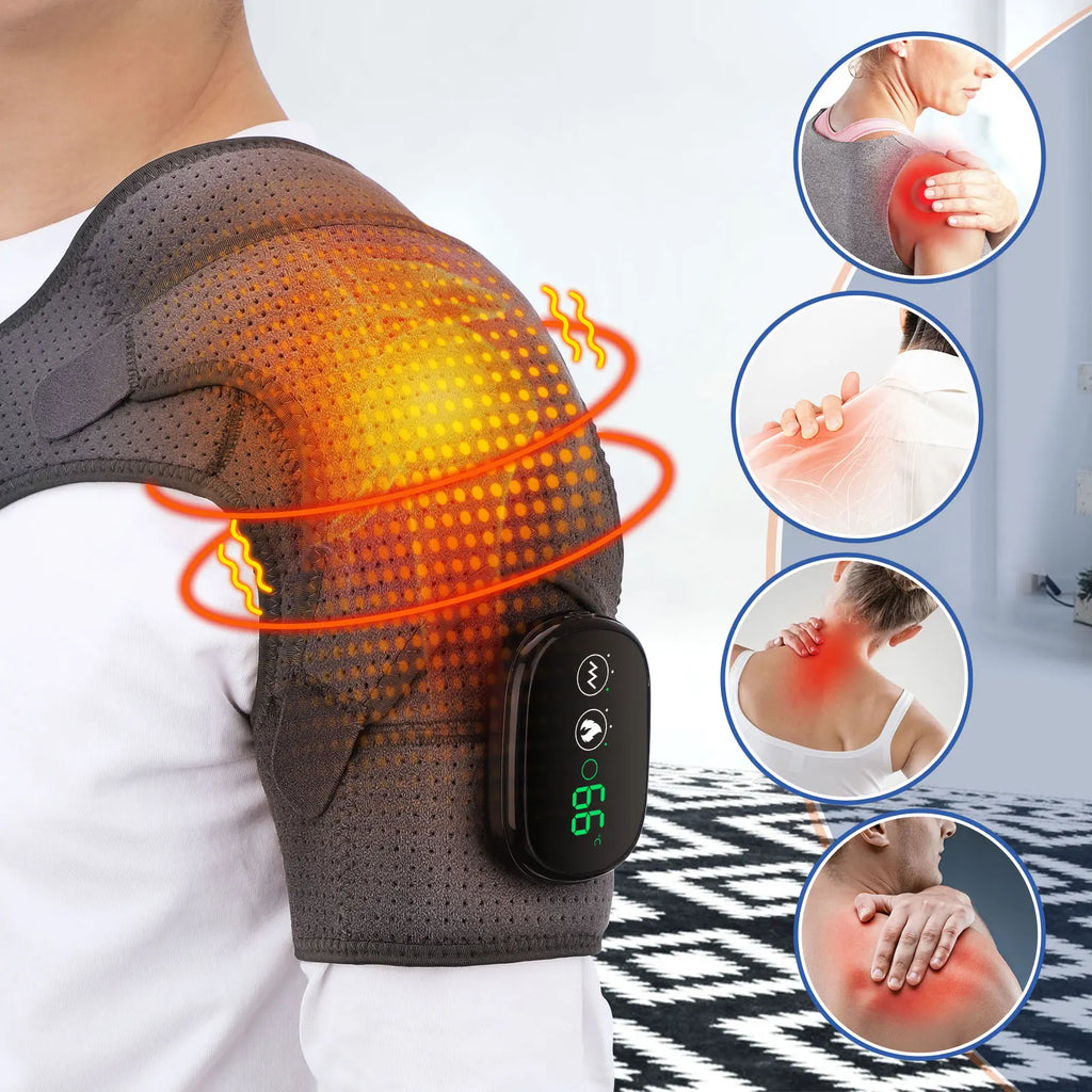Dark gray heated shoulder brace with orange heat glow and wireless control module