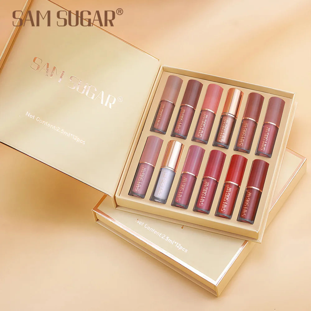 SAM SUGAR 12 Color Book Liquid Lip Gloss Set Bead Matte Velvet Moisturizing
