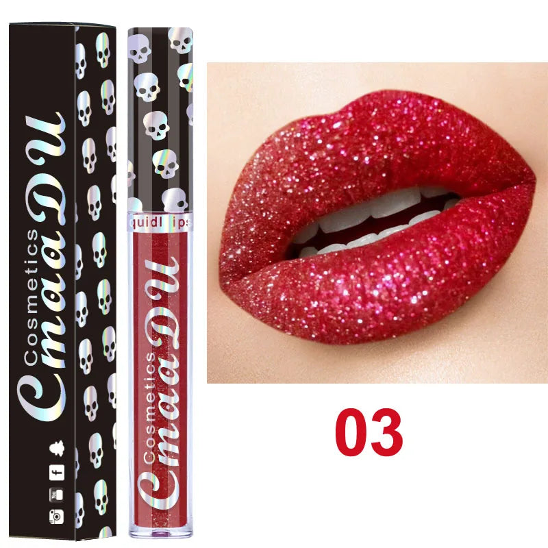 Glitter lip gloss on lips in bright red shade 03 with product tubes beside