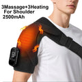 Black heated shoulder massager brace with orange glowing heat patterns and controller