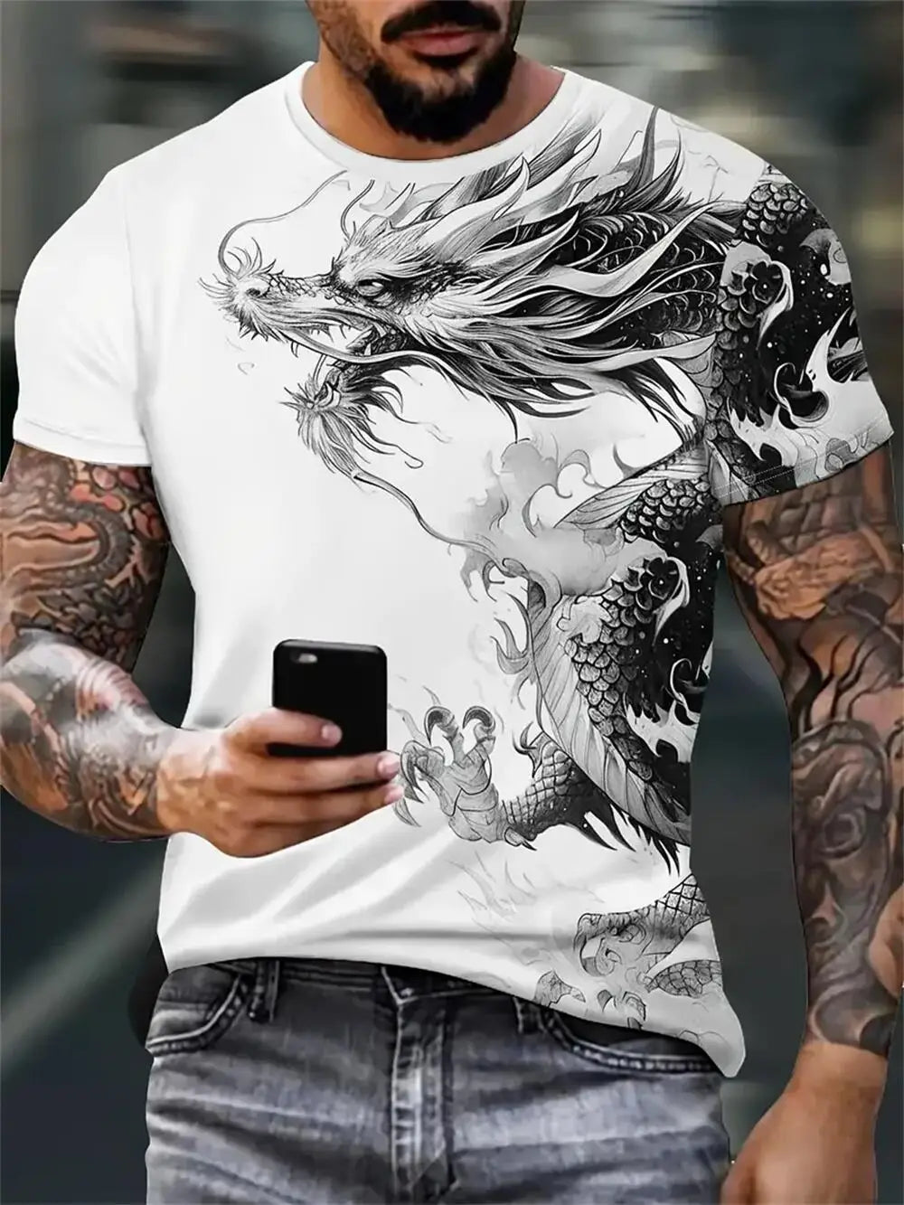 Mens Dragon Print Cotton Blend T-shirt - Stylish Crew Neck Comfortable & Breathable for Summer