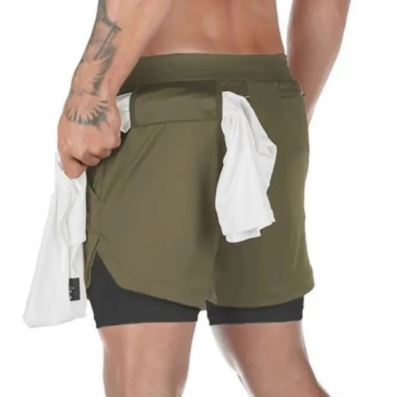 Men's Multi-Pocket Double-Layer Shorts Fitness Leisure Beach Sports Lined Tight Shorts Daily Mesh Camouflage Running Quick Dry