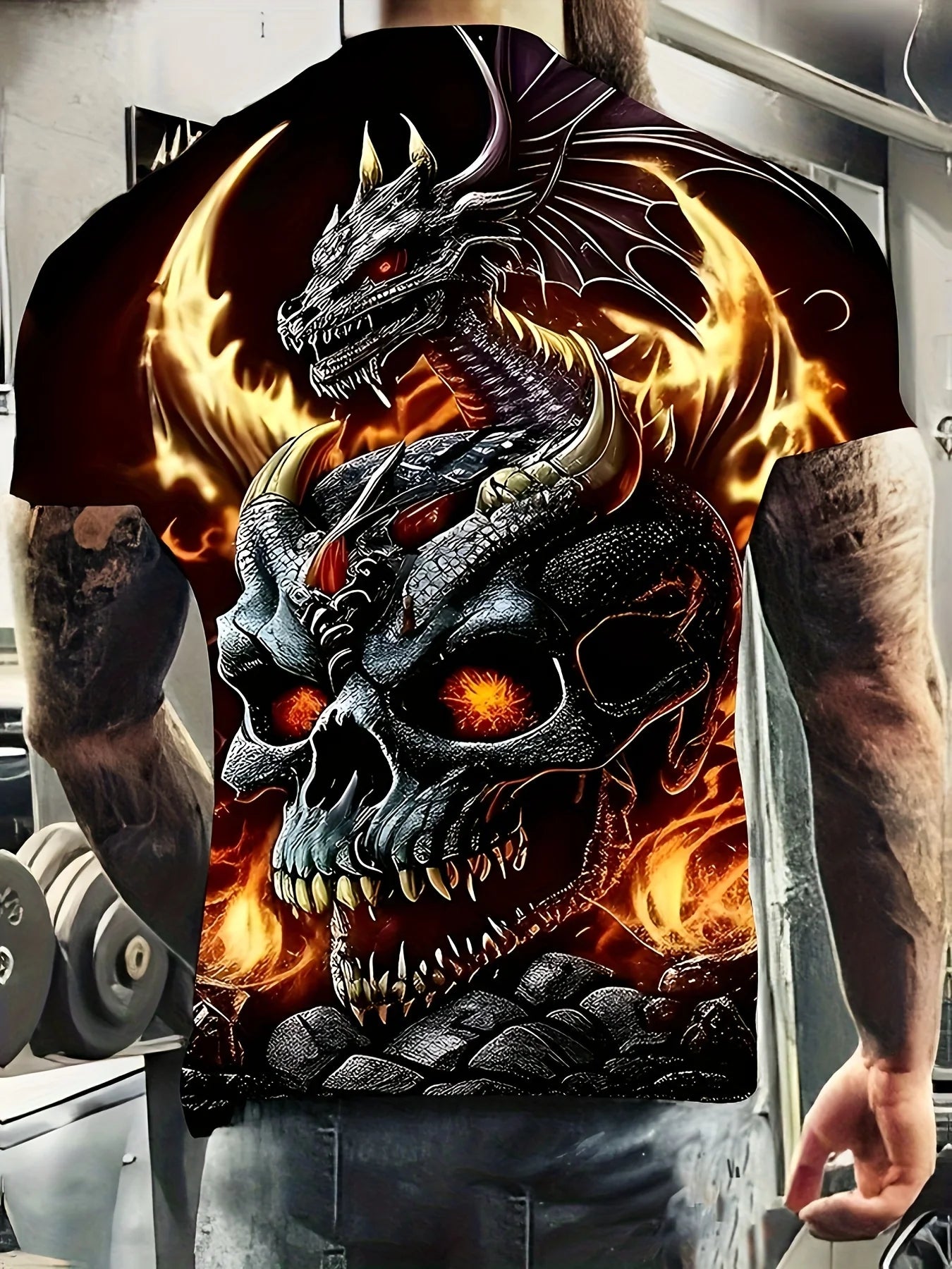 Mens Dragon Print Cotton Blend T-shirt - Stylish Crew Neck Comfortable & Breathable for Summer