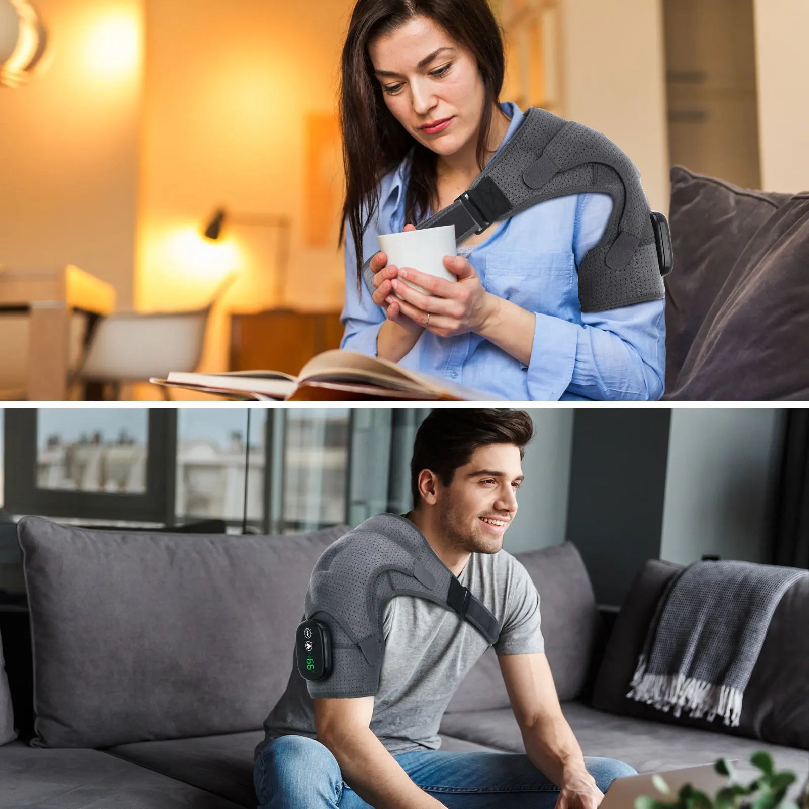 Heated shoulder massager brace worn by a person while relaxing on a couch