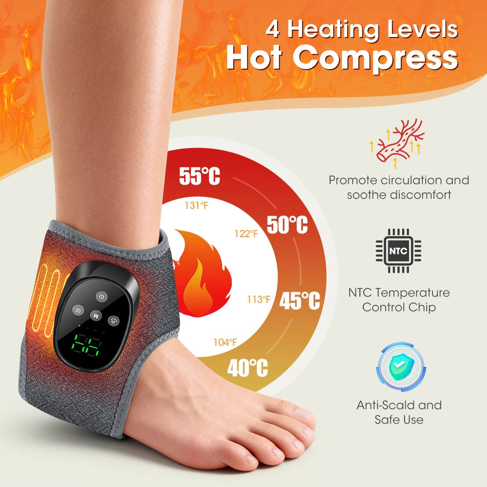 Heated ankle brace with gray fabric and control unit with LED temperature indicator