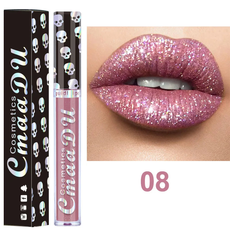 Glitter lip gloss on lips in rose pink shade 08 with product tubes beside