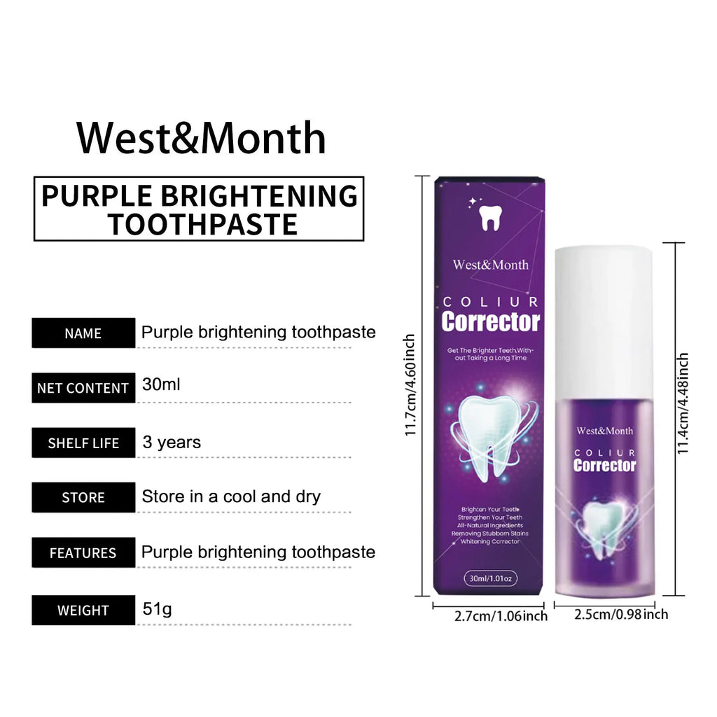 Purple Whitening Toothpaste Remove Stains Reduce Yellowing Teeth Color Correcting Brightening Repairing Fresh Breath Gums Care