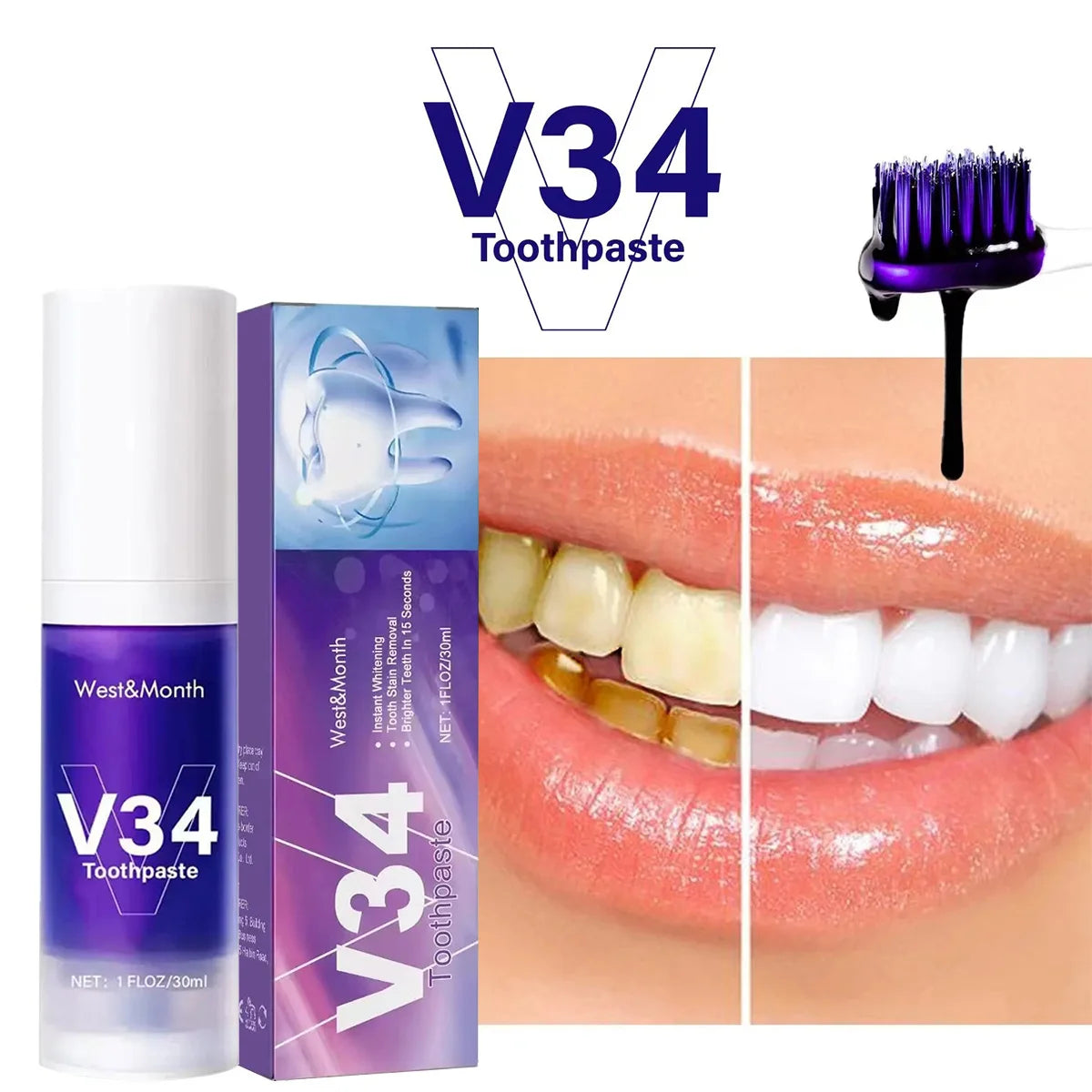 30ml V34  Purple Toothpaste Clean Oral Hygiene Fresh Breath Removes Tartar