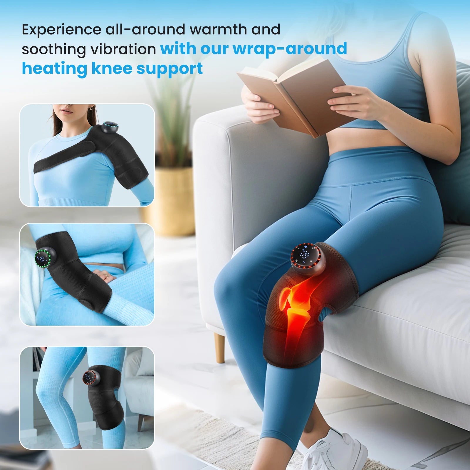 Heated massager brace on leg with glowing heat area and small round control unit