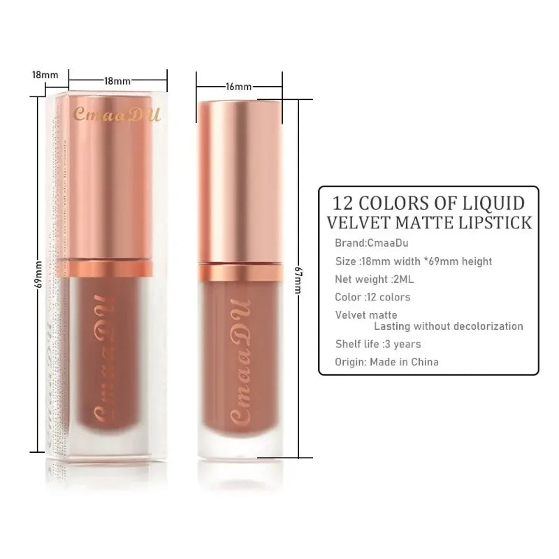 12 Colors Matte Velvet Lip Glaze Waterproof Liquid Lipstick Nude Brown Moisturizing Long Lasting Non-stick Cup Lip Gloss Makeup