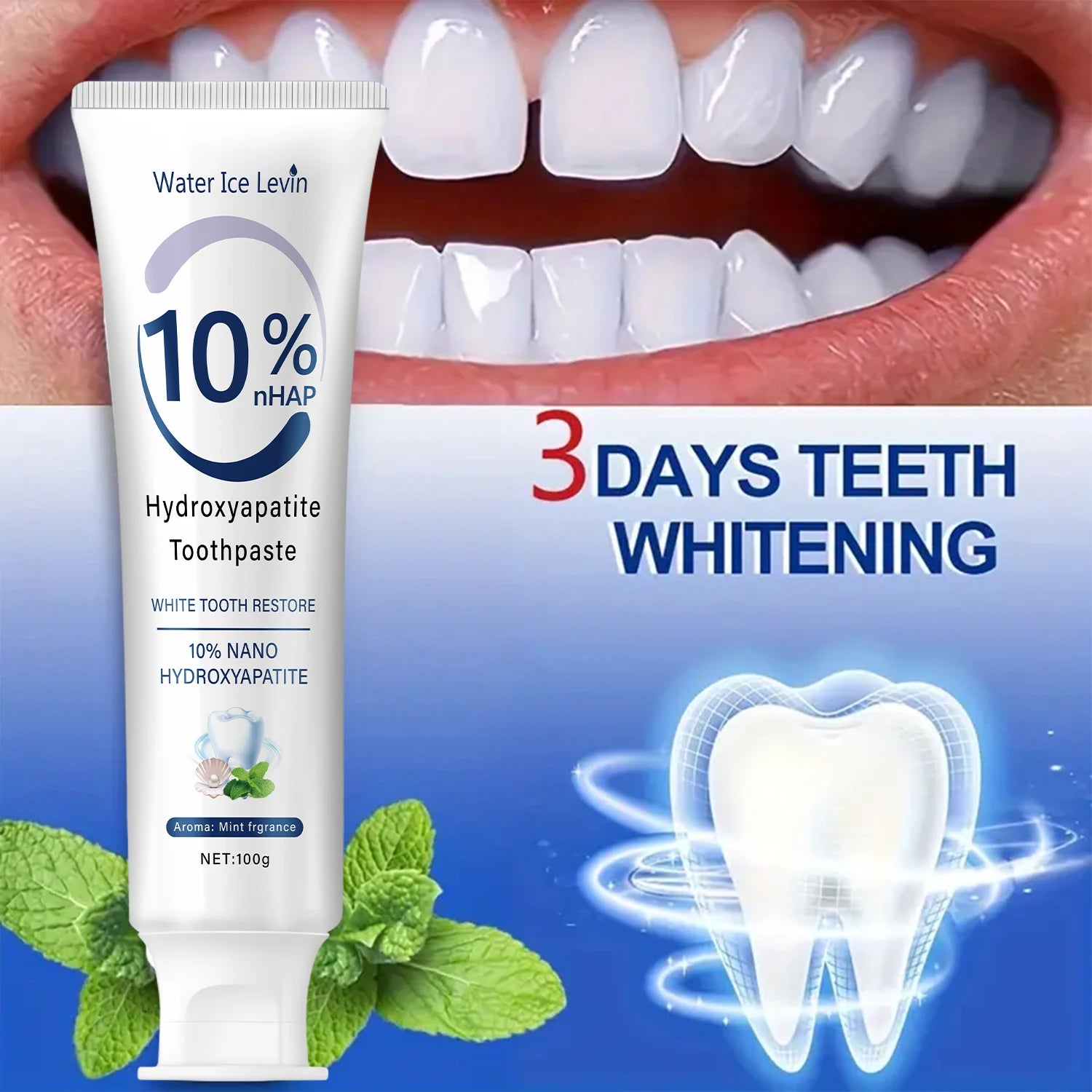 Hydroxyapatite Toothpaste Restores White Teeth. Protects Gums. Deep Cleans. Brightens Smile. Fresh Mint.