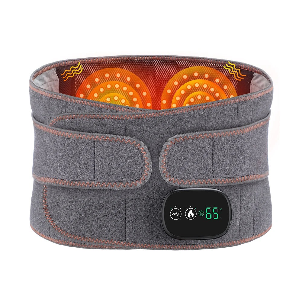 Gray infrared waist heating belt with black controller and orange heating map pattern