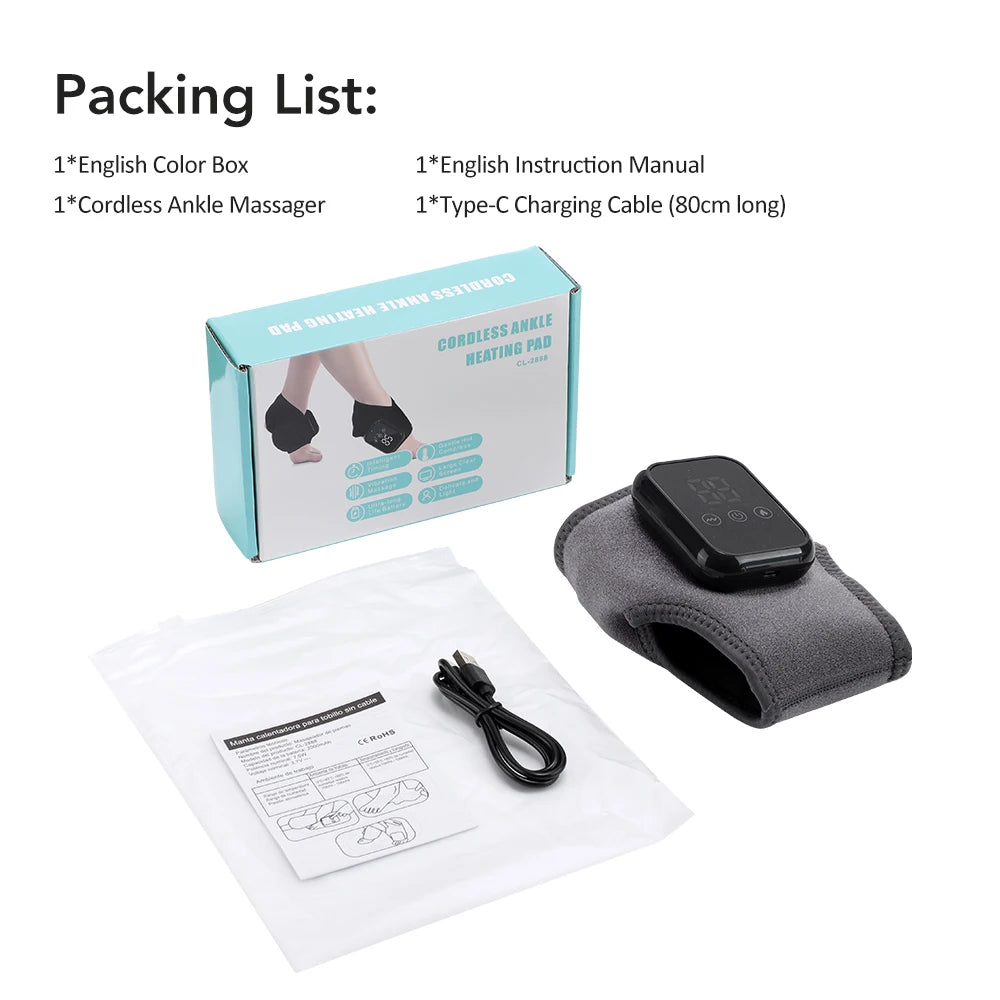 Heated ankle massager brace kit with controller module and charging cable