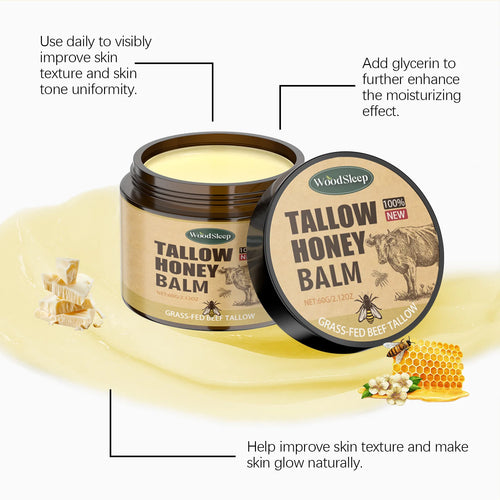Tallow Honey Balm jar and round lid with cream balm, plus boxed package on light gel.