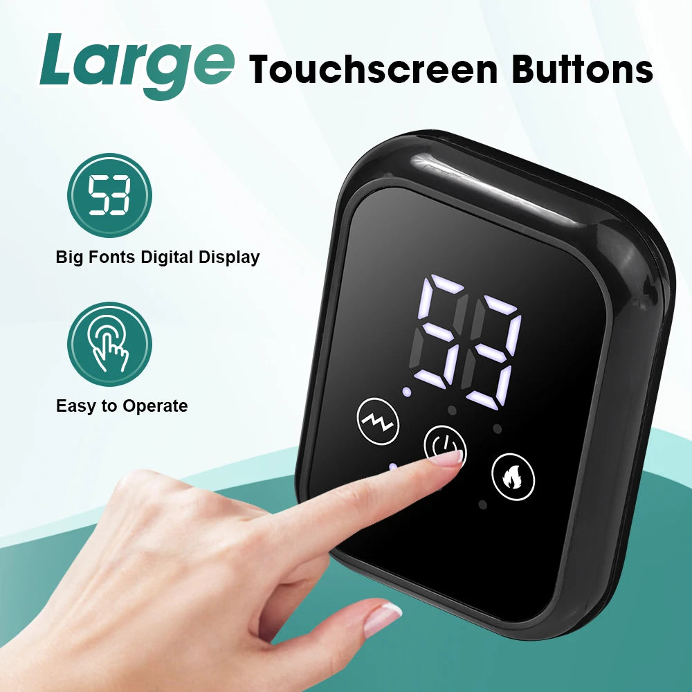 Black control unit with large digital display and touch buttons for heated shoulder massager