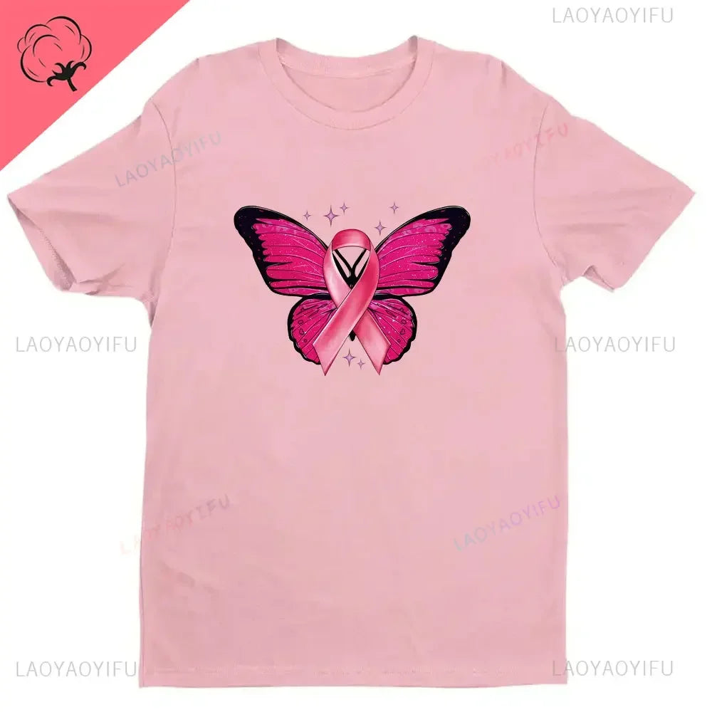 Breast Cancer Awareness We Wear Pink Awareness Ribbon Aesthetic Clothes Pink and White Tops Shirt