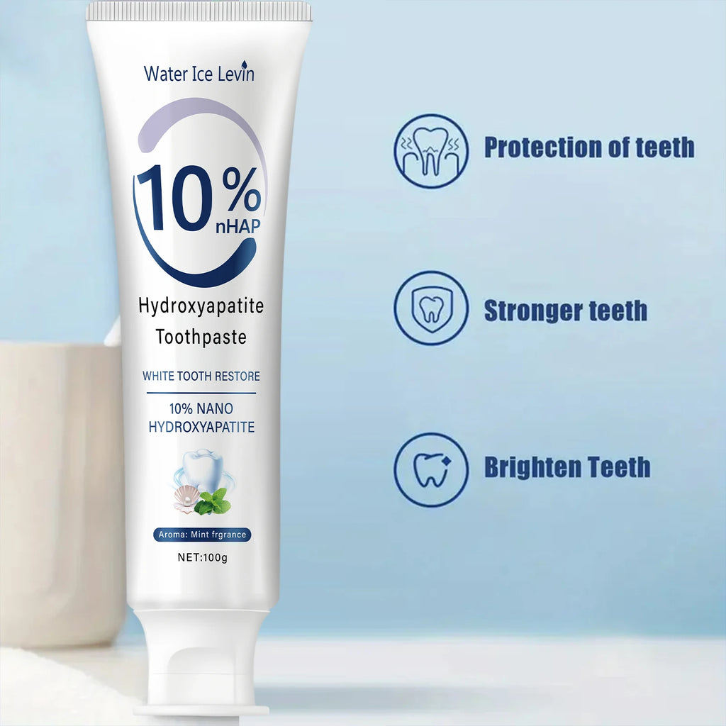 Hydroxyapatite Toothpaste Restores White Teeth. Protects Gums. Deep Cleans. Brightens Smile. Fresh Mint.