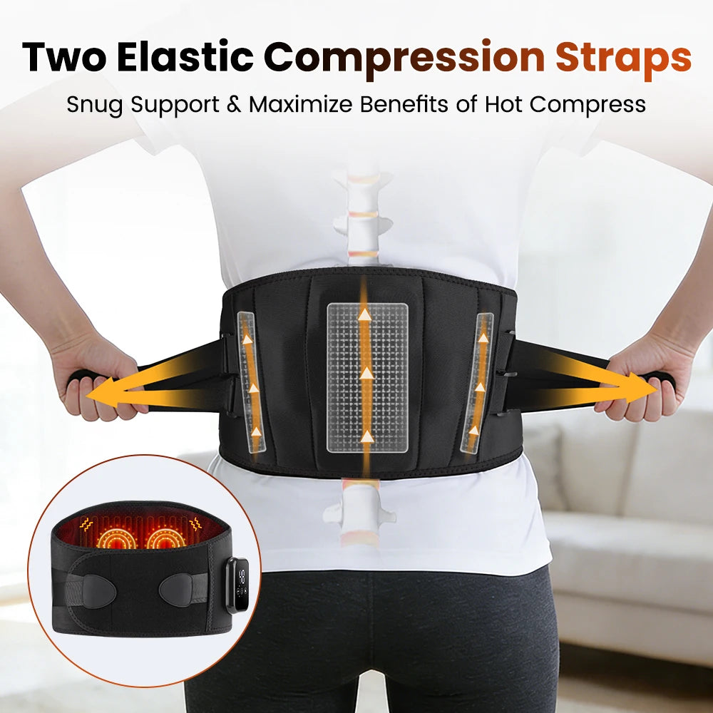 Black elastic compression waist massager belt with two adjustable straps