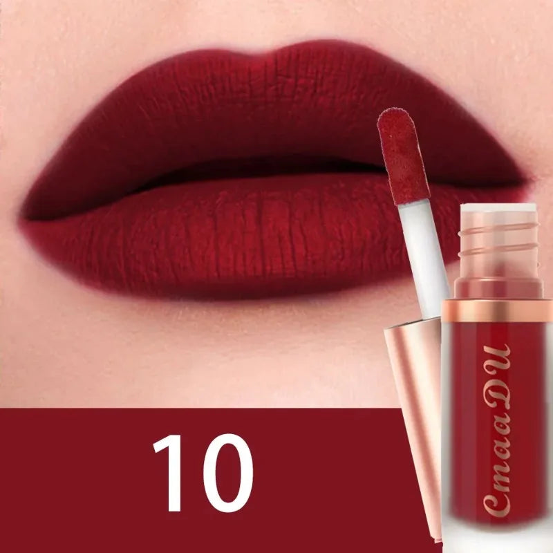 Matte velvet lip glaze liquid lipstick, shade 10, burgundy matte lips with applicator.