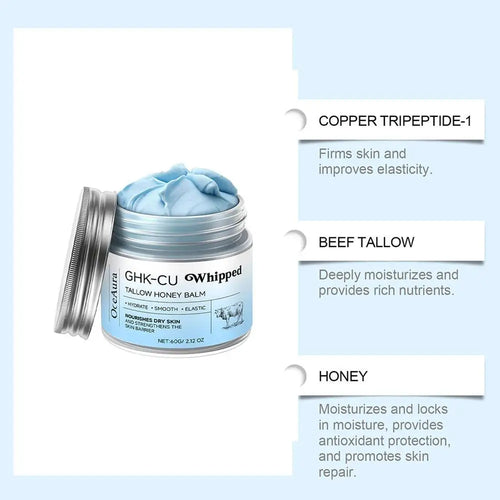 Whipped tallow honey skin balm: silver jar and label card with blue cream