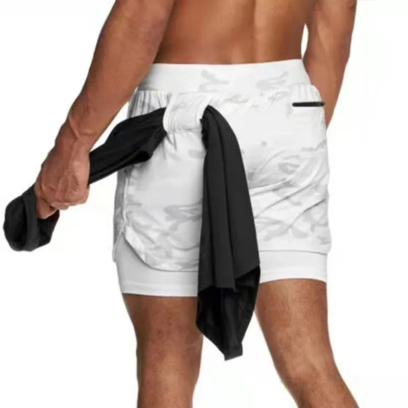 Men's Multi-Pocket Double-Layer Shorts Fitness Leisure Beach Sports Lined Tight Shorts Daily Mesh Camouflage Running Quick Dry