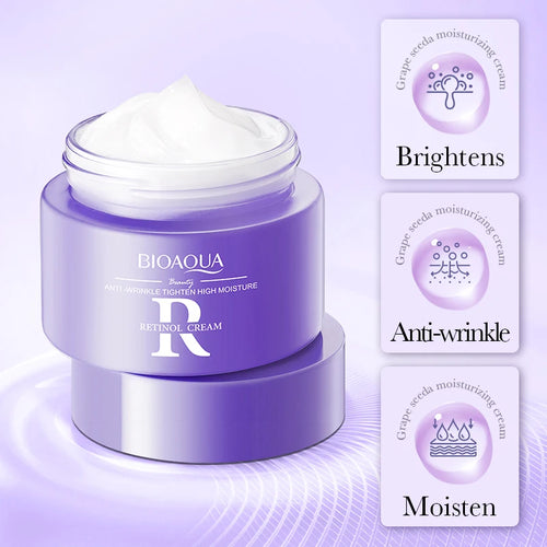 Purple face cream jar with a scoop of white cream on top