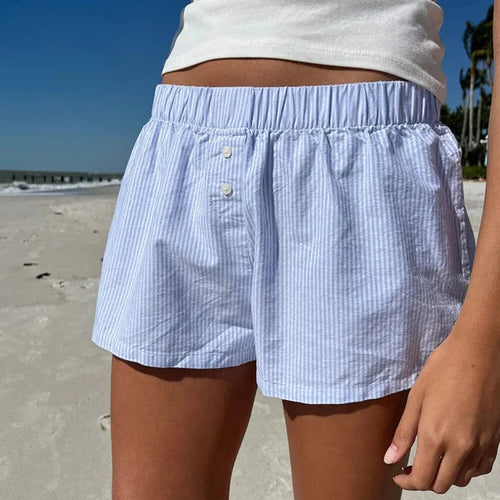 Light blue striped shorts with elastic waist and front buttons