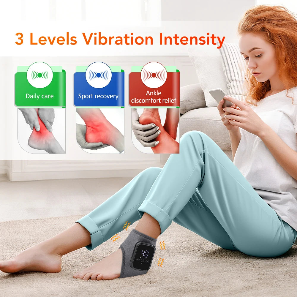 Heated foot and ankle massager brace with control module and dark gray strap