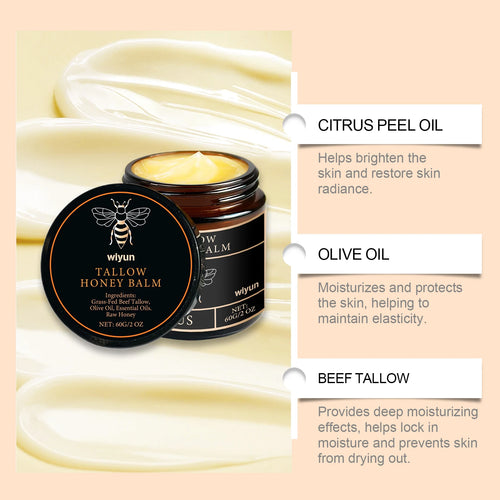 Whipped tallow honey balm jar with golden cream, showing smooth, spreadable texture