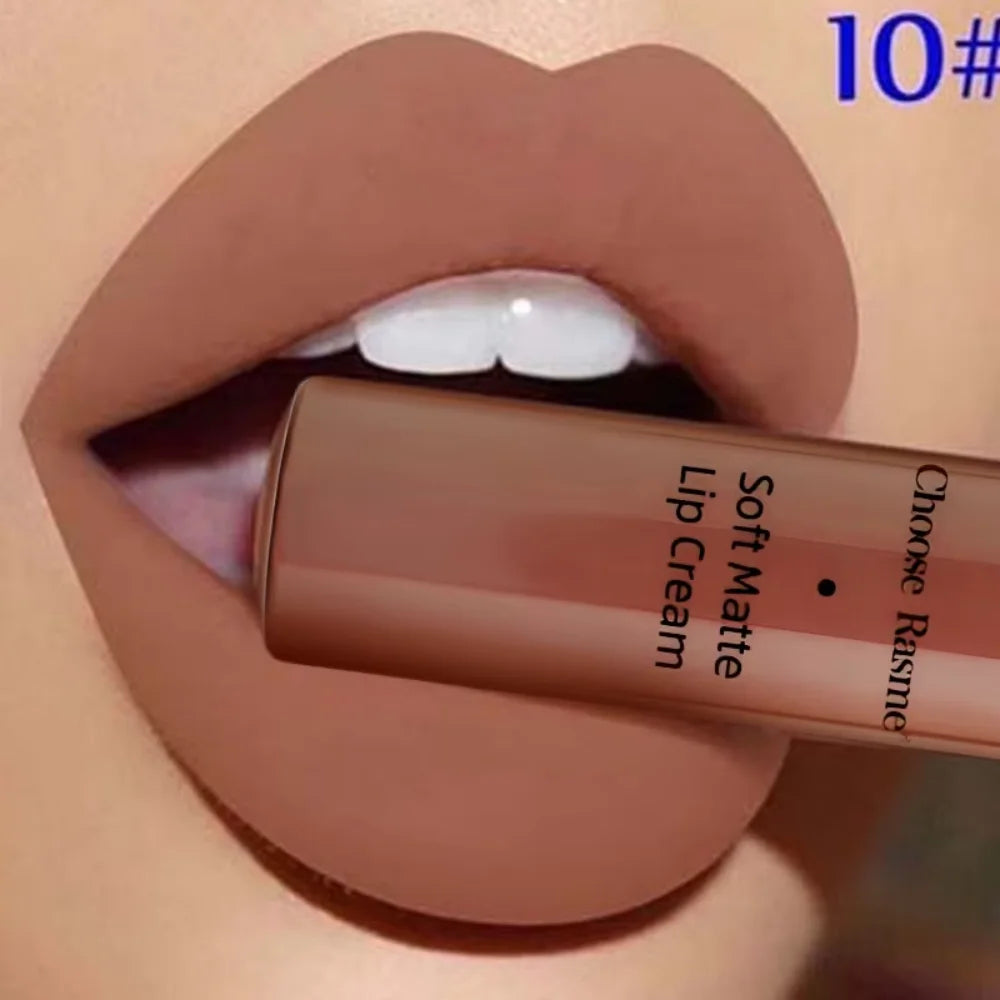 Soft matte lip cream on nude-brown lips, showing liquid lip color tube