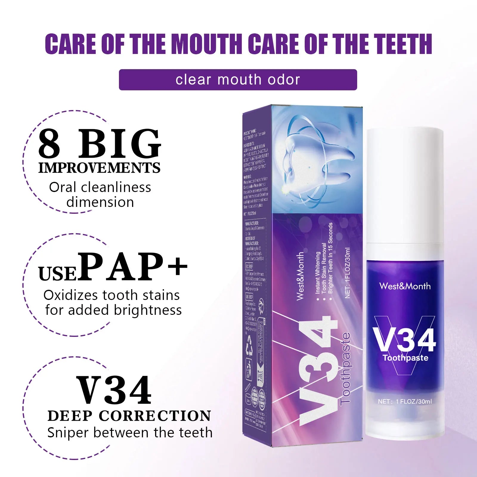 V34 Purple Toothpaste Cleaning Mousse Cleans Teeth, Protects Gums, Freshens Breath Oral Care Pump-Style Toothpaste