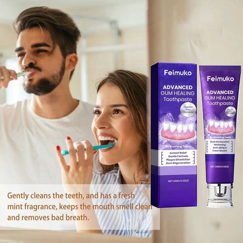 Feimuko Advanced Gum Healing toothpaste tube and box, purple design with pump nozzle.