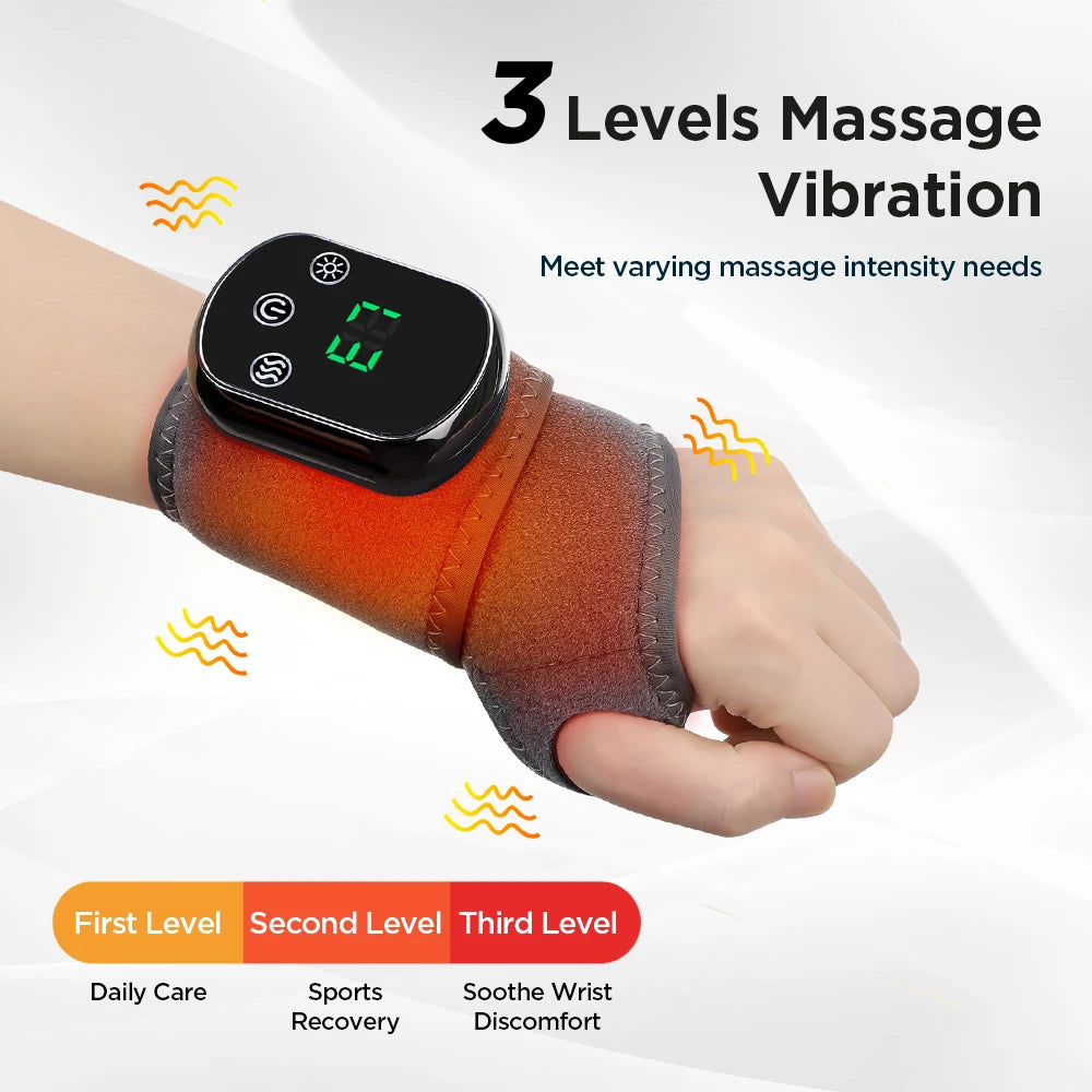 Heated wrist massager brace with black control module on gray fabric cuff
