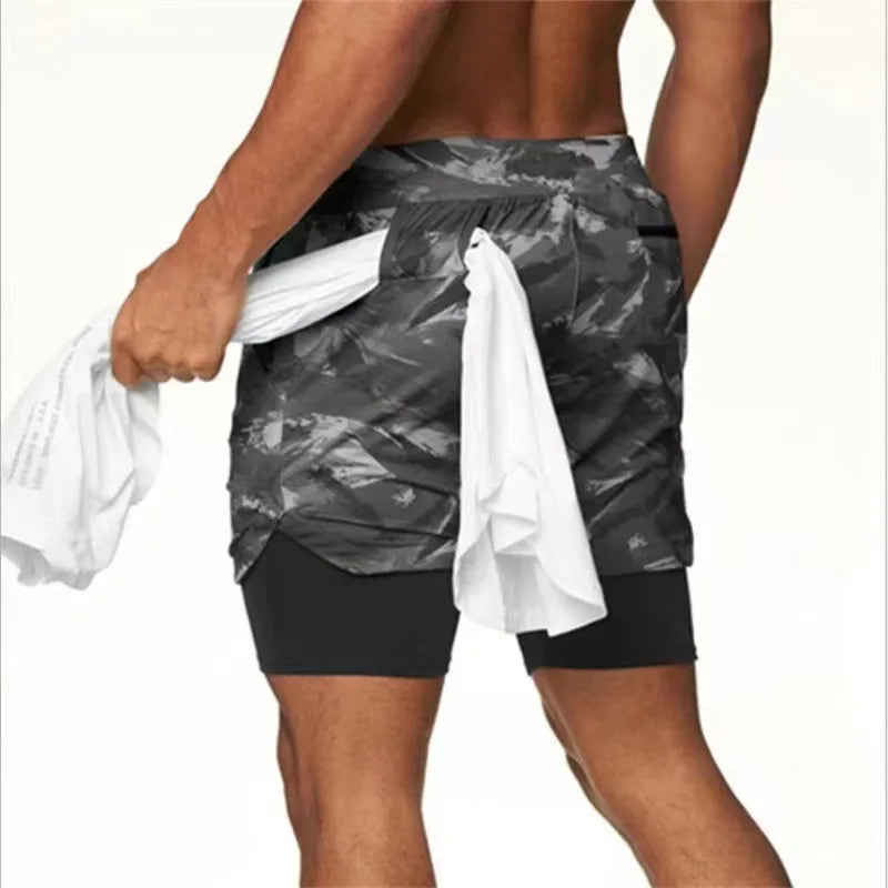 Men's Multi-Pocket Double-Layer Shorts Fitness Leisure Beach Sports Lined Tight Shorts Daily Mesh Camouflage Running Quick Dry