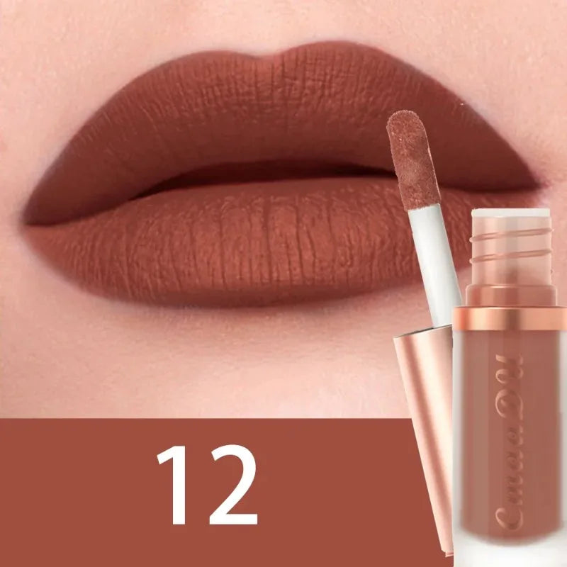Matte velvet lip glaze liquid lipstick in brown, applicator and tube with lips, shade 12