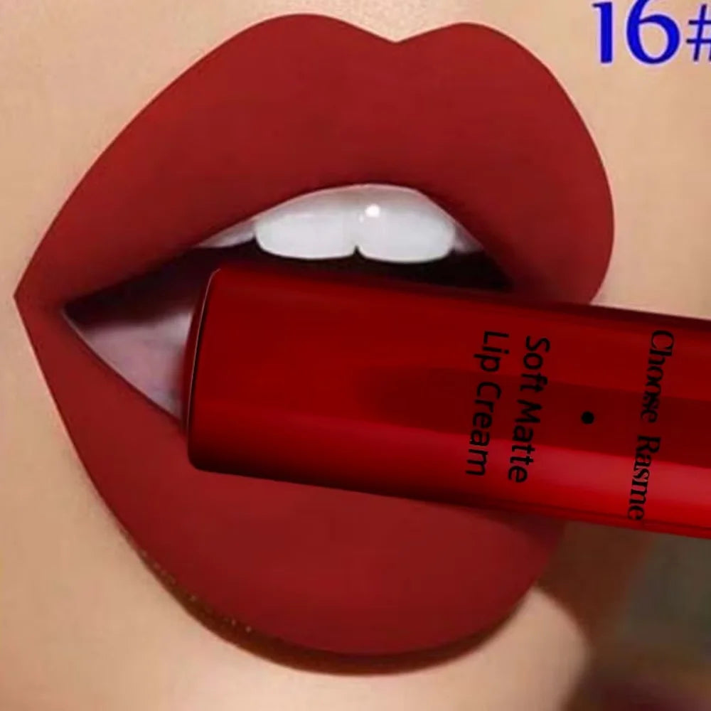 Soft matte lip cream on vivid red lips, showing liquid lip color tube