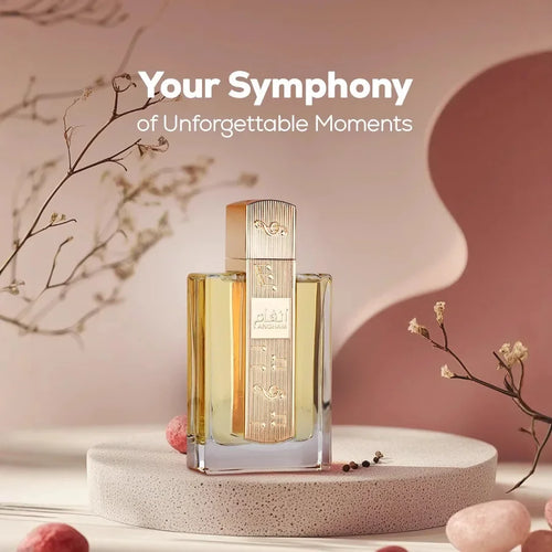 Gold-capped amber perfume spray bottle on a white pedestal.