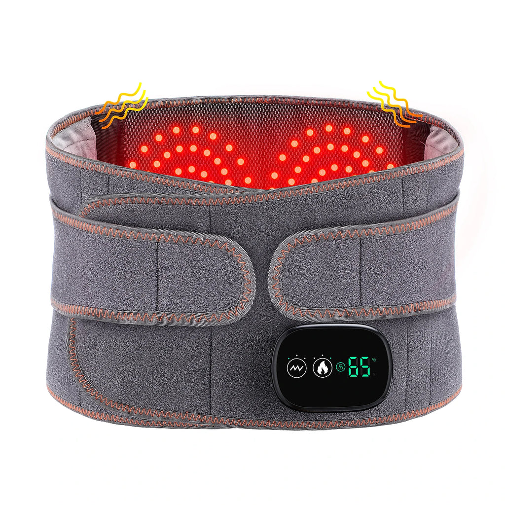 Gray waist massager belt with centered red light dot grid and oval control screen