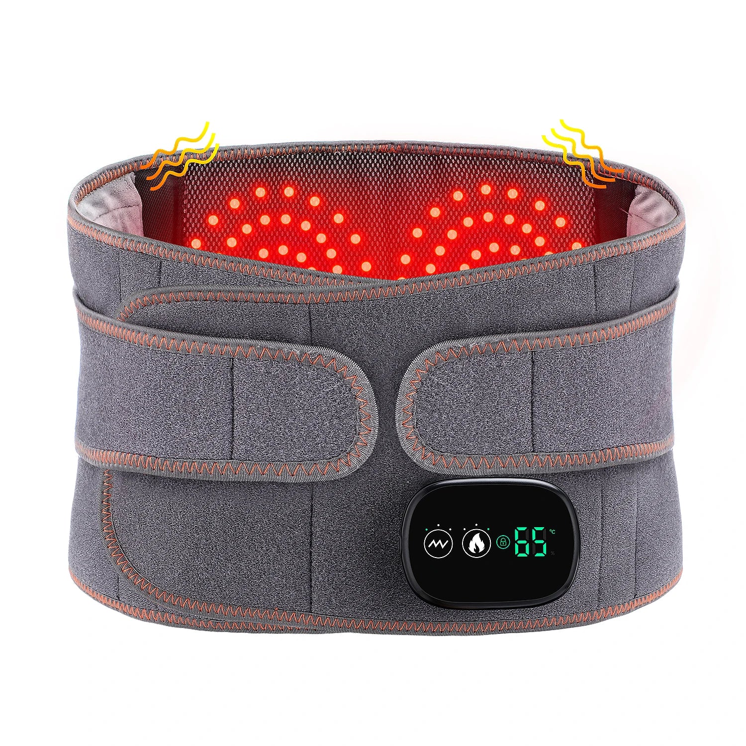 Gray waist massager belt with centered red light dot grid and oval control screen