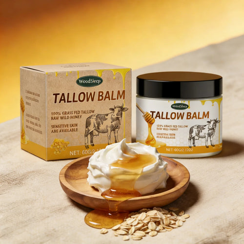 WoodSleep Tallow Balm facial jar with whipped cream scoop