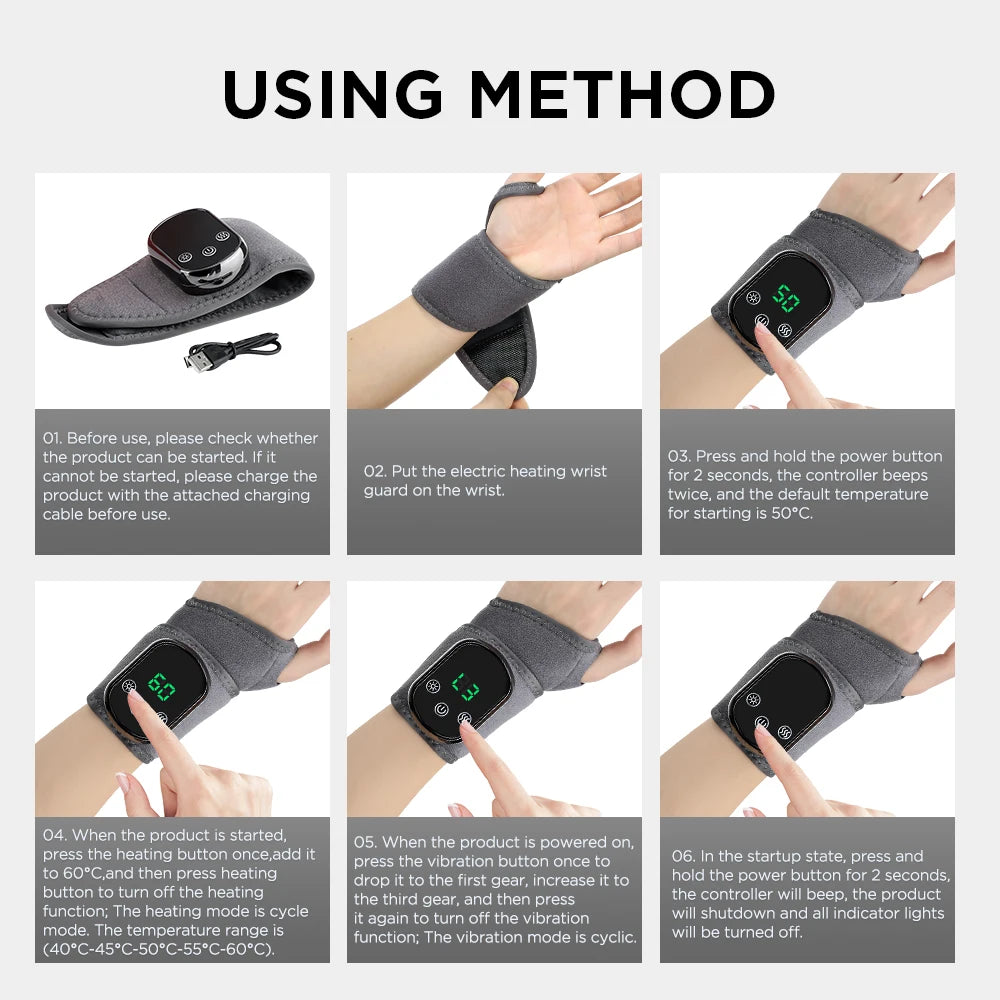 Heated wrist massager brace with controller and green display in use